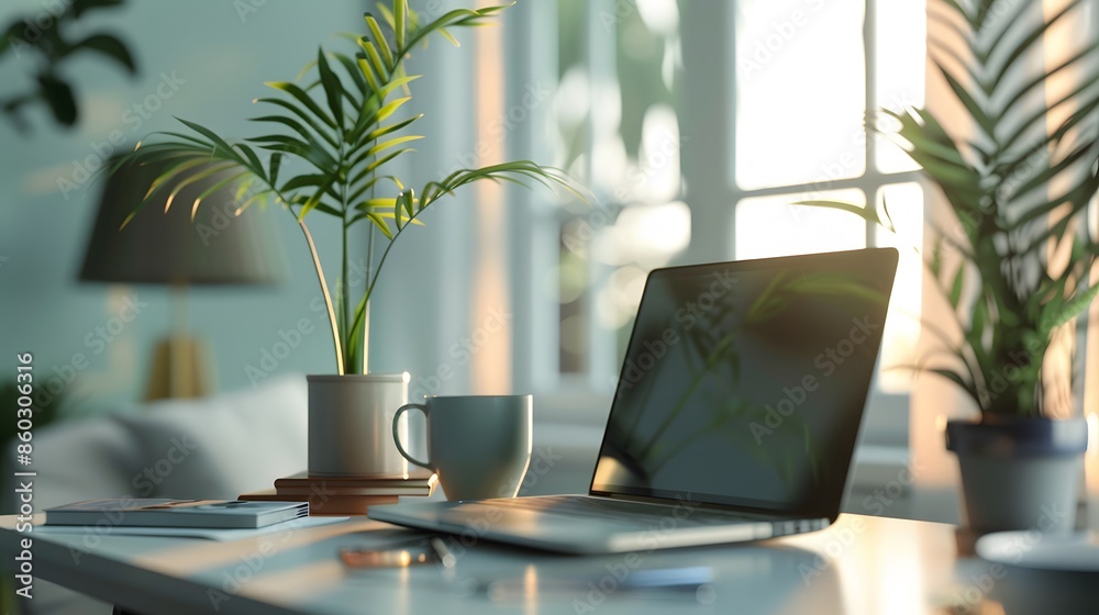 Fototapeta premium Serene Morning at Modern Home Office with Natural Light