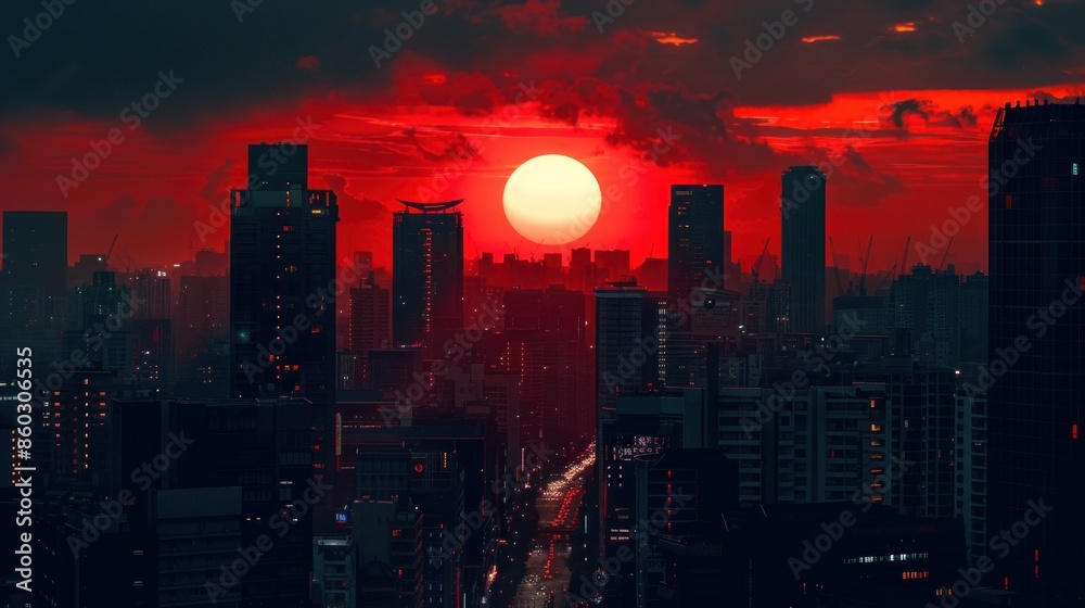 Fototapeta premium A red sun in the heart of the darkest city night.