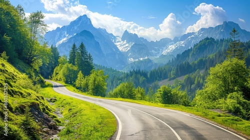 Picturesque countryside road winding through green forest and mountain scenery