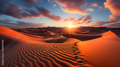 Desert sand dunes at sunset. Panoramic view of sand dunes at sunset. photo