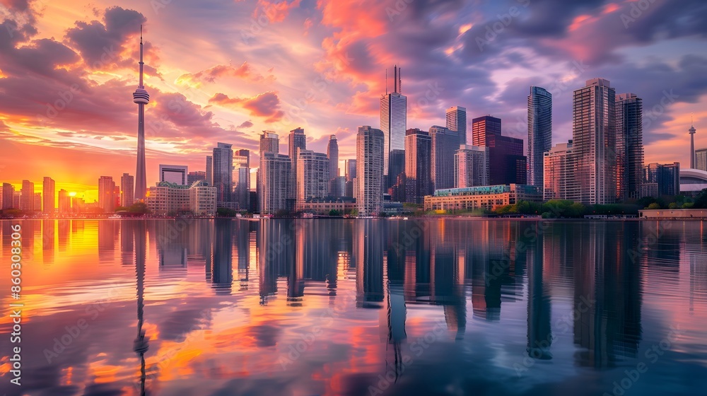 Fototapeta premium Stunning Urban Skyline at Sunset with Reflections