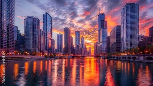 Stunning Urban Skyline at Sunset With Reflections