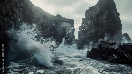 Powerful Ocean Waves Crashing Against Rocky Cliffs