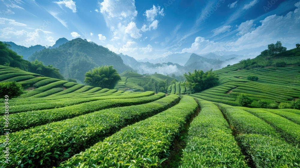 Naklejka premium Tea garden in Guangxi Province with rows of green plants and blue skies