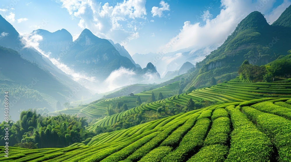 Obraz premium Tea garden landscape in Guangxi Province with green fields and blue sky