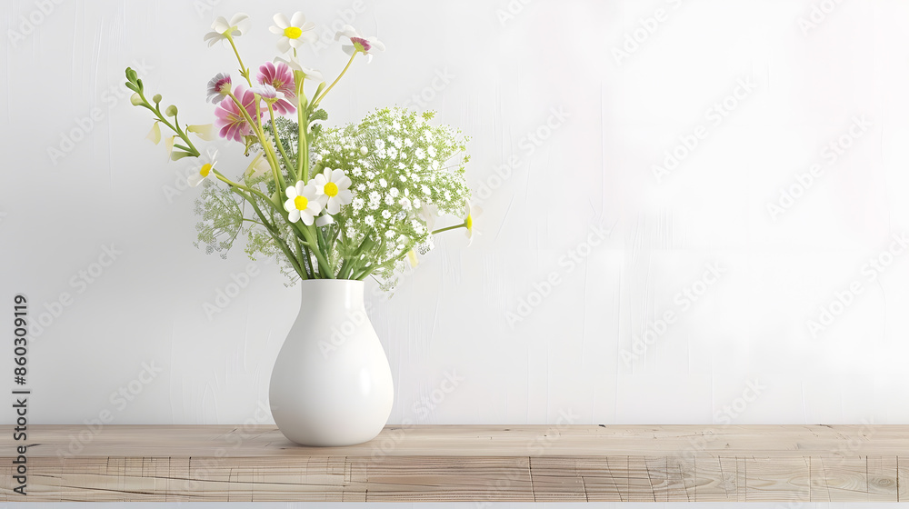 summer flowers in white modern vase on wooden shelf : Generative AI summer flowers in white modern vase on wooden shelf : Generative AI