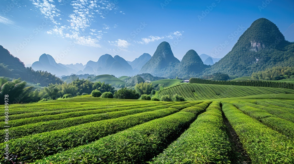Obraz premium Vast tea garden in Guangxi Province under a clear blue sky with mountains
