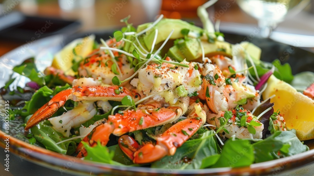 Vibrant seafood salad with crab meat, avocado, and mixed greens, topped with a light vinaigrette Vibrant seafood salad with crab meat, avocado, and mixed greens, topped with a light vinaigrette
