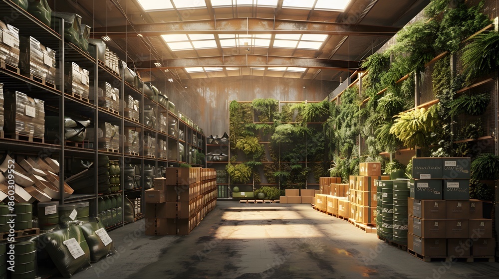 Modern warehouse with vertical garden and skylights Modern warehouse with vertical garden and skylights