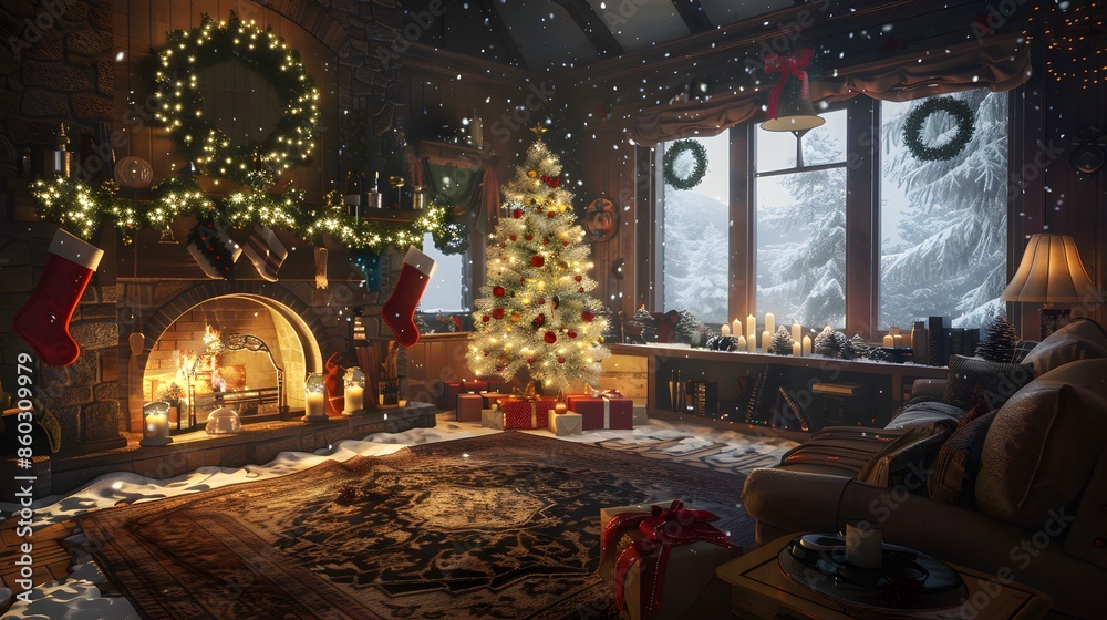 Fototapeta premium Warm Holiday Living Room with Fireplace and Christmas Tree