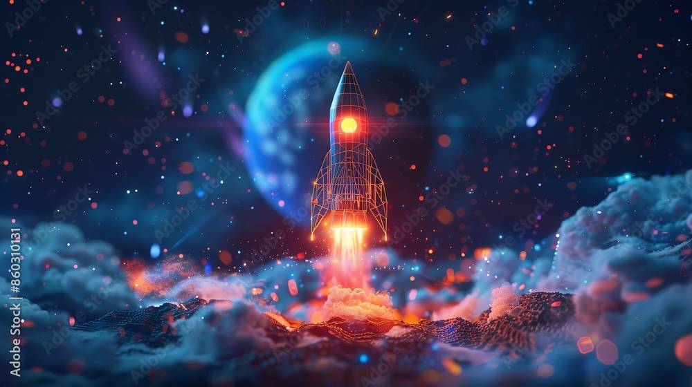 Abstract Rocket Takes off From the Laptop Screen: Space Exploration Concept Abstract Rocket Takes off From the Laptop Screen: Space Exploration Concept