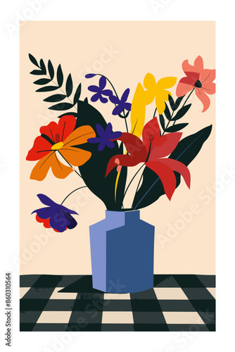 illustration of colorful vase with flowers on table and checkered tablecloth. minimalist, flat design vector