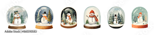 collection of 7 gouache vector illustrations of snow globes with happy snowmen inside, christmas theme