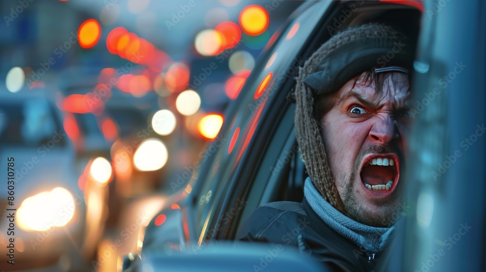 Stressed man in a car during a traffic jam, concept of frustration, urban life, commuting, stress Stressed man in a car during a traffic jam, concept of frustration, urban life, commuting, stress
