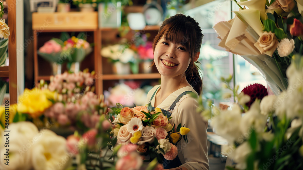 花束を作る若い日本人女性店員 花束を作る若い日本人女性店員