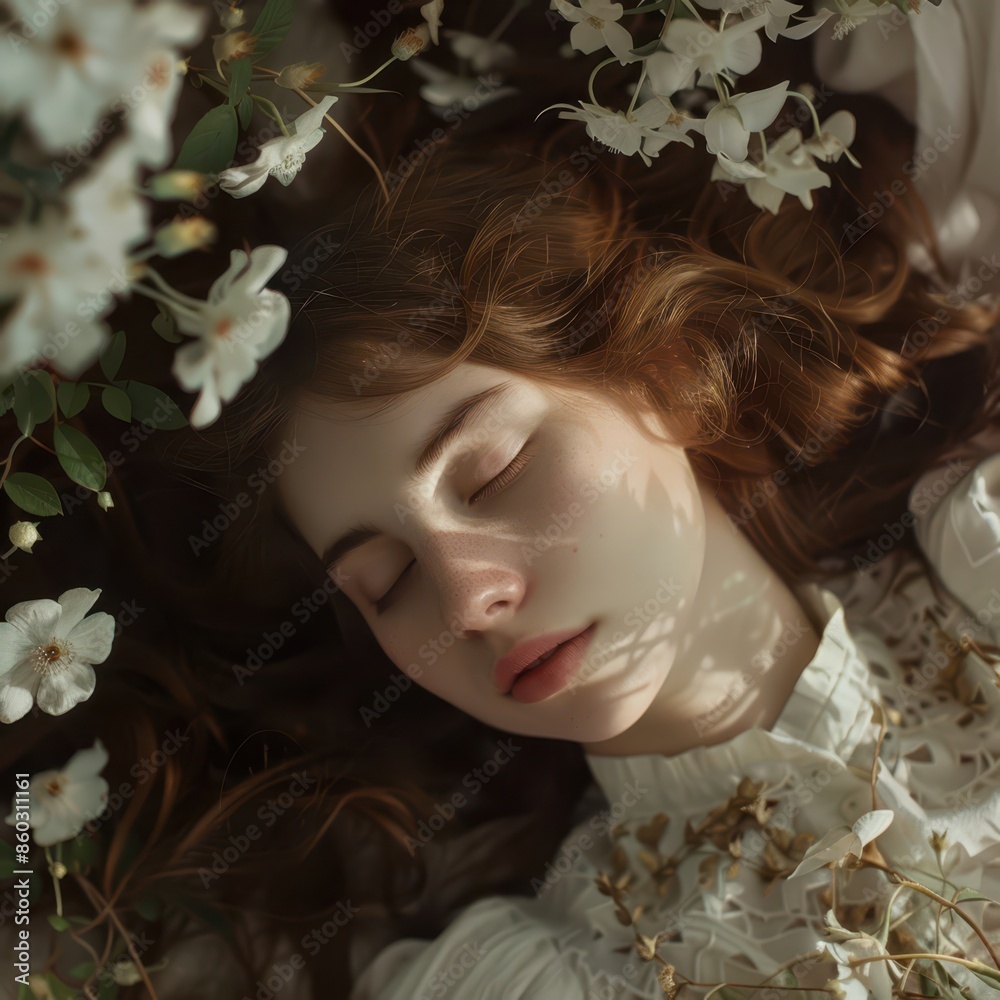 Naklejka premium a woman laying down in a bed surrounded by flowers