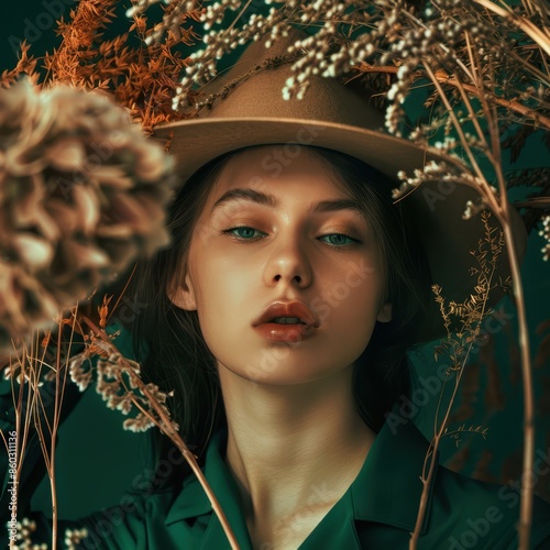 a woman in a hat and green shirt is surrounded by dried flowers photo