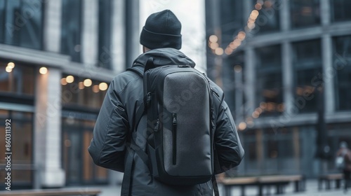 A sleek and modern backpack designed for urban commuters, featuring multiple compartments and a water-resistant exterior in a cool grey shade.