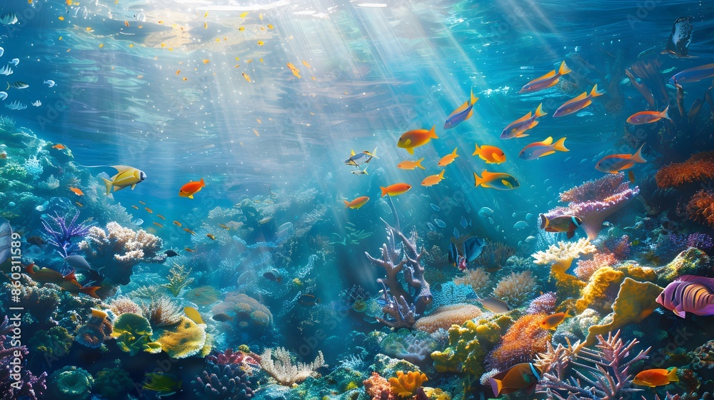 Fototapeta premium Vibrant Underwater Scene with Colorful Marine Life
