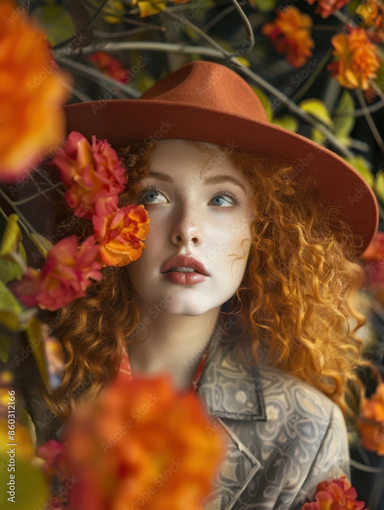 a woman with red hair and a hat is surrounded by orange flowers a woman with red hair and a hat is surrounded by orange flowers