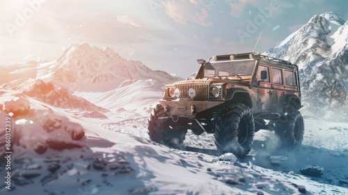 A rugged off-road vehicle navigates a snowy mountainous terrain under soft pastel skies, embodying adventure and the spirit of exploration.