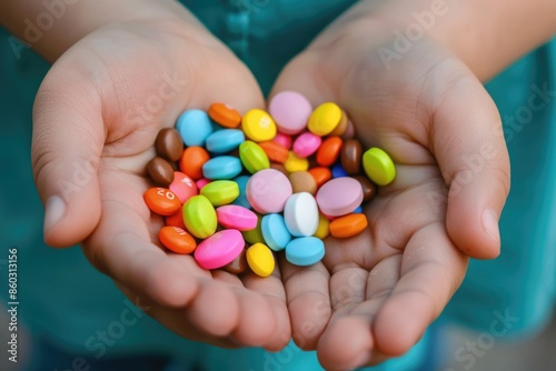 Close-up of a child's palms holding various multi-colored tablets, highlighting the vivid colors and small details.