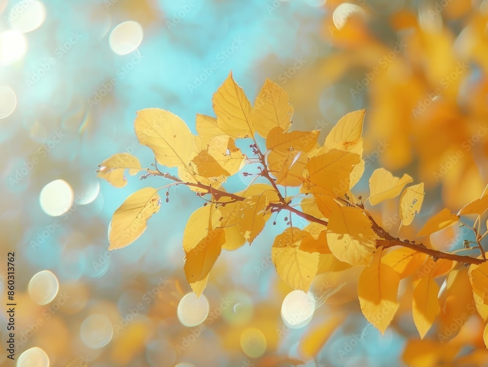 Close-up shot of a tree branch featuring bright yellow leaves, great for nature or environmental themes Close-up shot of a tree branch featuring bright yellow leaves, great for nature or environmental themes