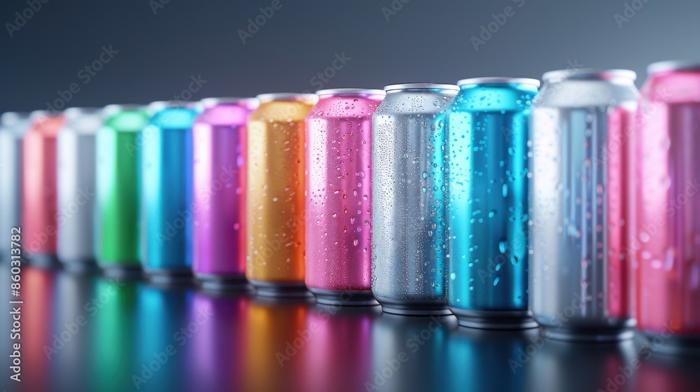 Row of colorful soda cans with water droplets, showcasing vibrant variety and refreshing drinks on a reflective surface in a modern setting. Row of colorful soda cans with water droplets, showcasing vibrant variety and refreshing drinks on a reflective surface in a modern setting.