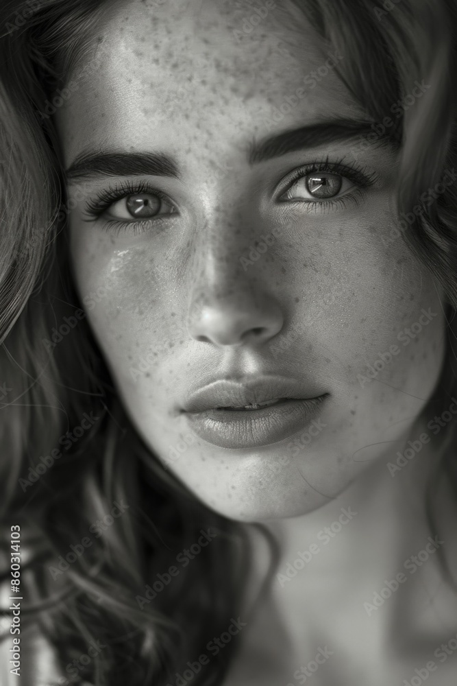 Portrait of a woman's face with freckles, ideal for personal or editorial use Portrait of a woman's face with freckles, ideal for personal or editorial use