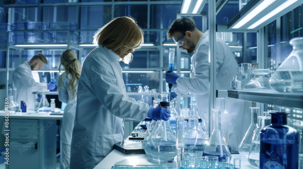 Researchers in white lab coats conducting experiments amid a high-tech, modern laboratory, captured in an atmosphere of innovation and scientific discovery. Researchers in white lab coats conducting experiments amid a high-tech, modern laboratory, captured in an atmosphere of innovation and scientific discovery.