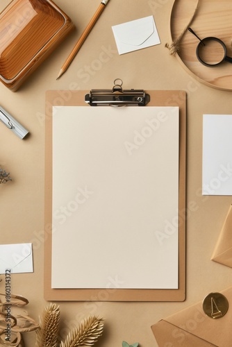 Office stationery clipboard, pencil, envelopes, and wooden box. Perfect for business, education, organization, planning, and stationery mockups