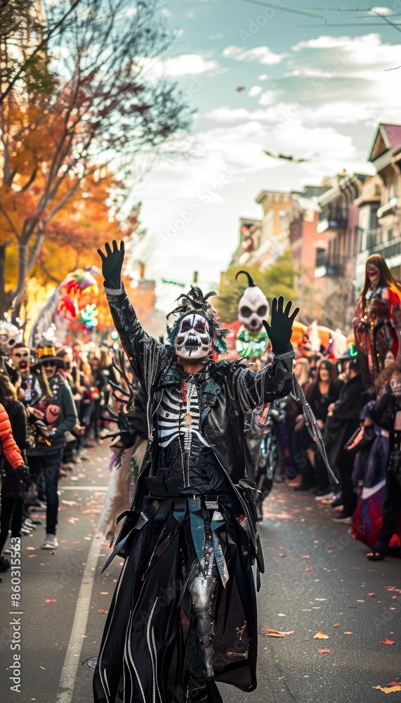 Colorful Halloween Street Parade with Festive Costumes and Jack-o'-Lanterns, Perfect for Seasonal Celebrations Colorful Halloween Street Parade with Festive Costumes and Jack-o'-Lanterns, Perfect for Seasonal Celebrations