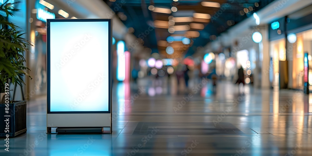 Digital Media Signboard Mockup in a Shopping Center with Blurred Background. Concept Visual Merchandising, Retail Environment, Promotional Display, Advertising Design, Branding Strategy Digital Media Signboard Mockup in a Shopping Center with Blurred Background. Concept Visual Merchandising, Retail Environment, Promotional Display, Advertising Design, Branding Strategy