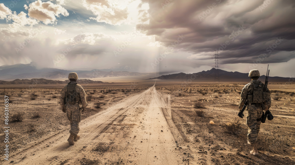 Two soldiers march down a dusty road under a dramatic, stormy sky in a vast, desolate desert landscape. Two soldiers march down a dusty road under a dramatic, stormy sky in a vast, desolate desert landscape.