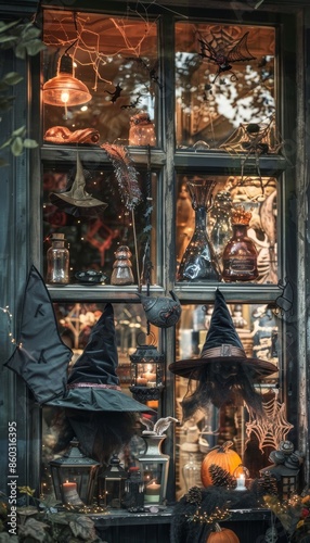 Whimsical Halloween Storefront Display with Witches' Hats, Broomsticks, and Potion Bottles for Festive Shoppers