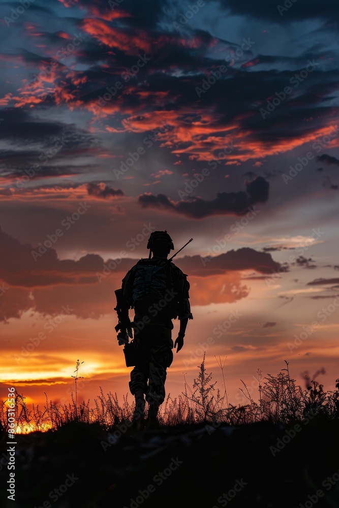 Fototapeta premium Soldier holding a rifle, silhouetted against a sunset sky, representing military service, defense, armed forces