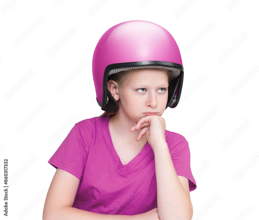 Portrait of a dreaming teenage girl in a pink T-shirt and pink motorcycle helmet, isolated on a transparent background png