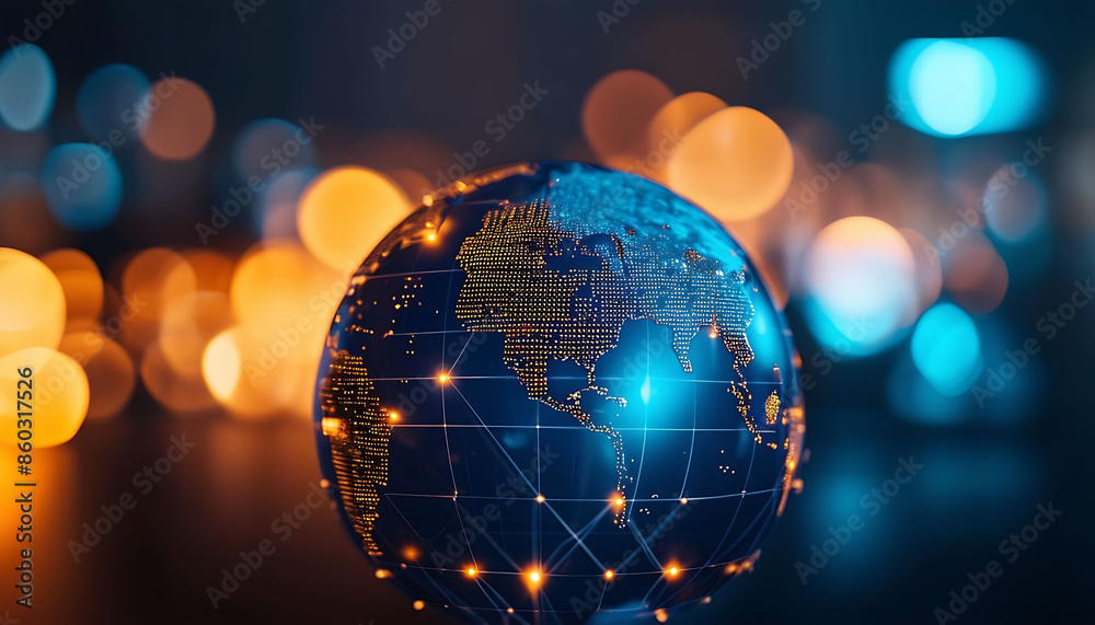 Digital globe with glowing dots and lines representing global ...