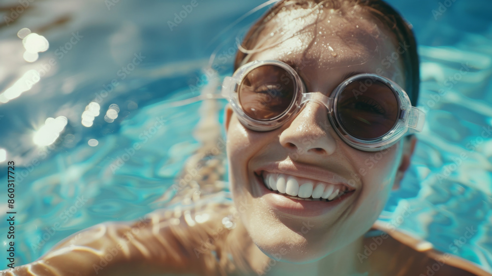 Fototapeta premium A smiling person in swimming goggles enjoys a refreshing dip in a sunlit pool, radiating happiness and relaxation.