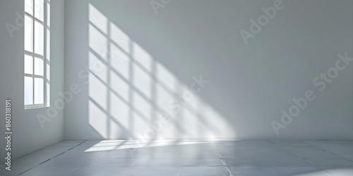 Serene Scene in an Empty Room with a Single Beam of Light Casting Window Shadow. Concept Minimalist Photography, Shadow Play, Interior Design Inspiration