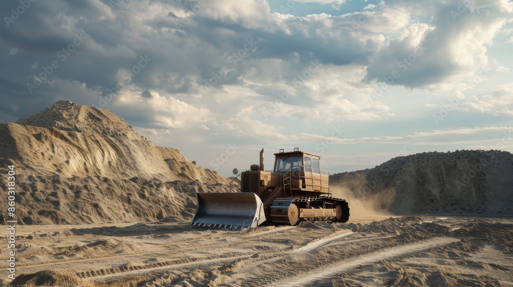 A large bulldozer moves through a sandy landscape under a cloudy sky, showcasing the intersection of industrial machinery and nature. A large bulldozer moves through a sandy landscape under a cloudy sky, showcasing the intersection of industrial machinery and nature.