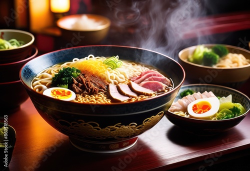 delicious steaming bowl ramen noodles asian style restaurant setting, food, cuisine, japanese, hot, tasty, meal, traditional, broth, chopsticks, slurping, savory photo