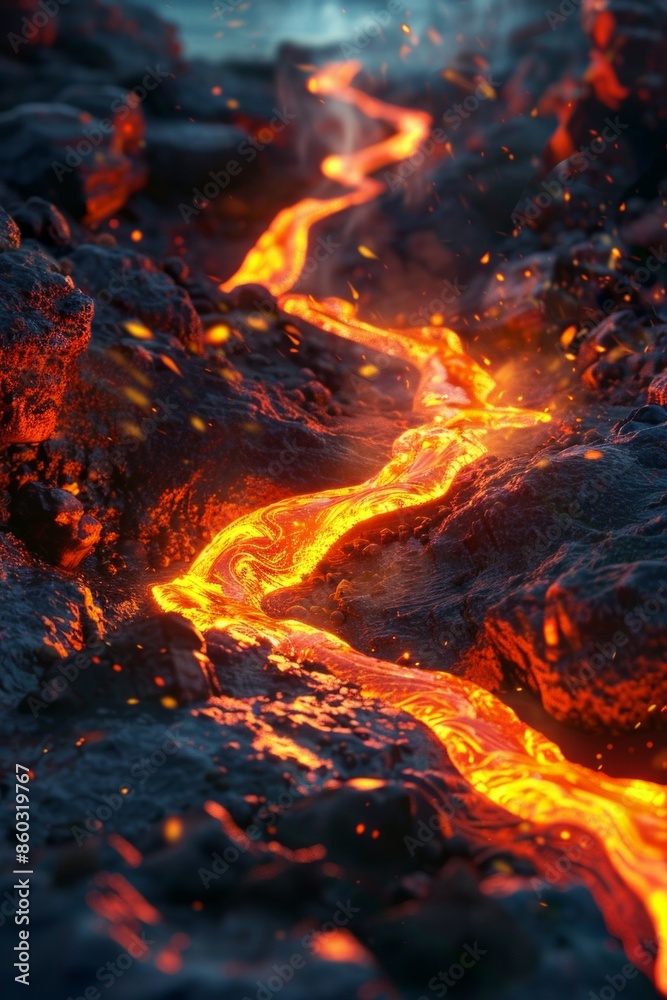 A river of glowing lava flowing through a dark landscape, symbolizing the raw and powerful energy of creativity. A river of glowing lava flowing through a dark landscape, symbolizing the raw and powerful energy of creativity.