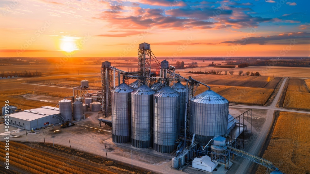 Obraz premium Grain Storage Facility with Silos and Drying Units at Sunset for Agricultural Operations