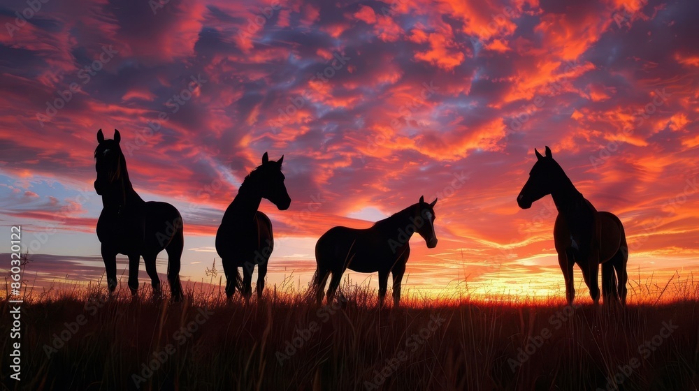 majestic horses silhouetted against vibrant sunset sky equine landscape majestic horses silhouetted against vibrant sunset sky equine landscape