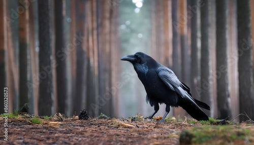 Black Raven Standing In A Dense Forest During The Day