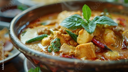 Bite-sized pieces of meat and vegetables swim in a thick, flavorful sauce in a bowl of steaming mussaman curry. photo