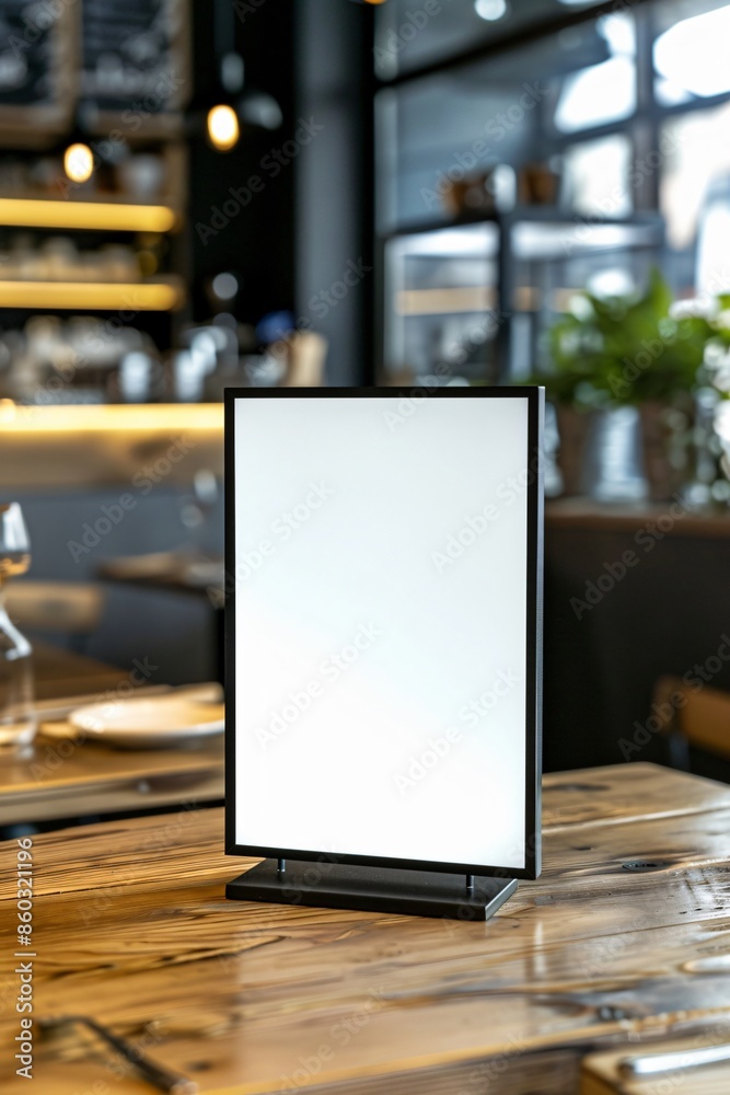 Blank Sign on Wooden Table in a Cafe Blank Sign on Wooden Table in a Cafe