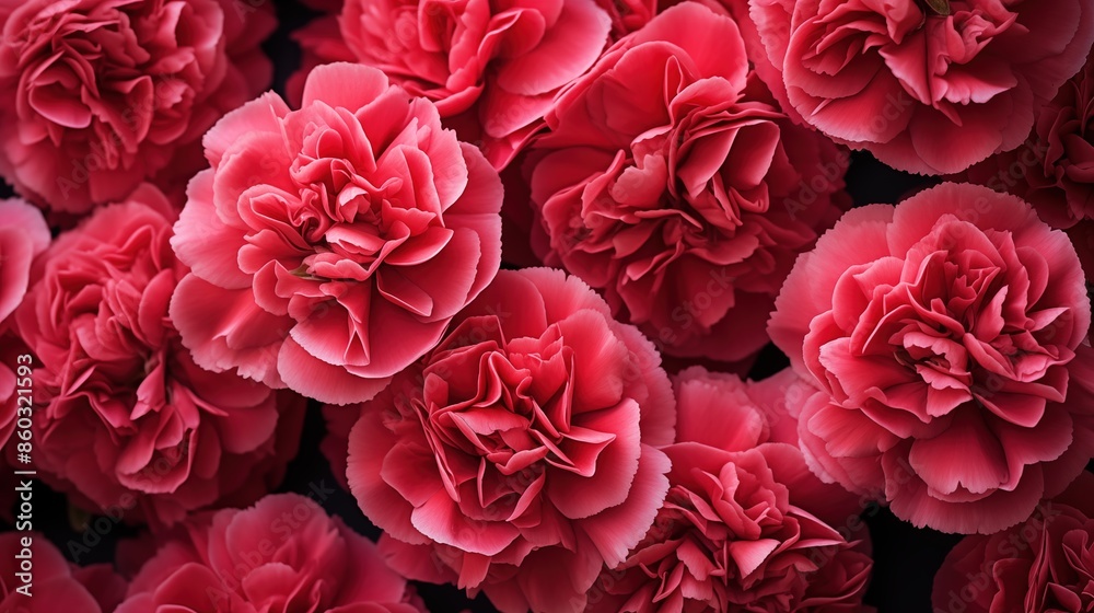 Fototapeta premium Carnation flowers composition. A close-up view of vibrant red carnations in full bloom, showcasing their intricate petals and rich color. Filled on full screen.