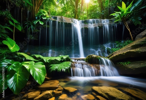 lush tropical waterfall cascading into crystal clear pool, nature, flowing, serene, tranquil, green, refreshing, exotic, paradise, beautiful, scenic
